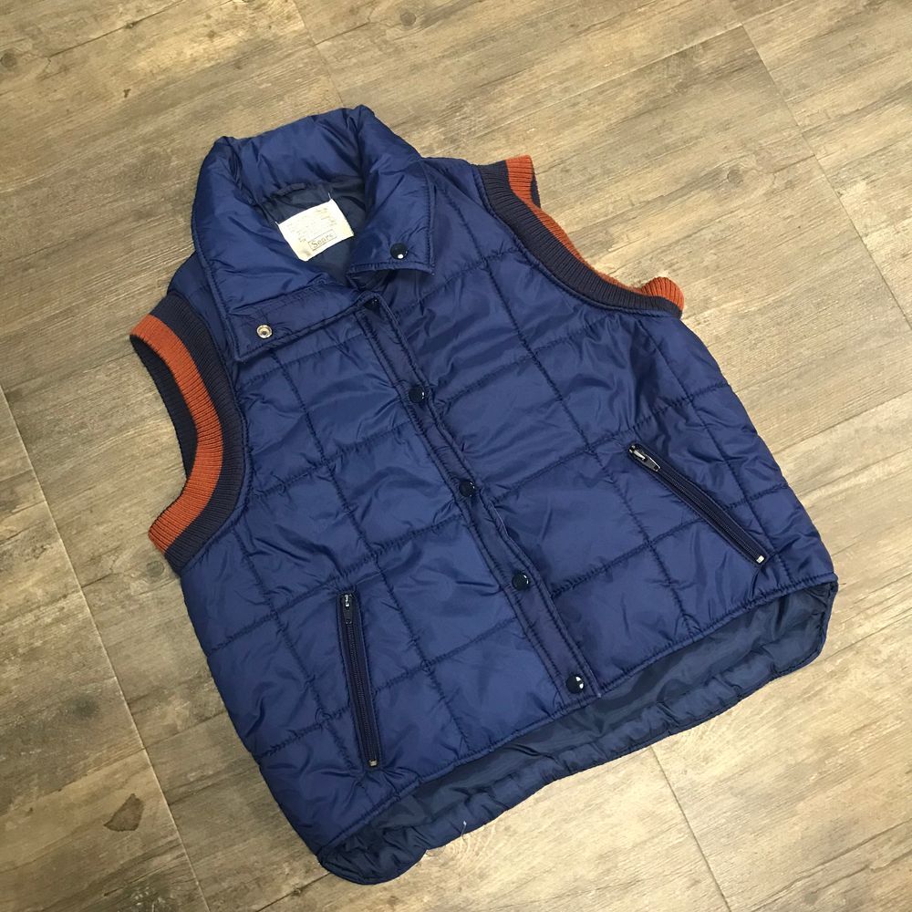 Vintage Sears Men Puffer Vest Size Large Snap Blue Nylon Zipped Pockets